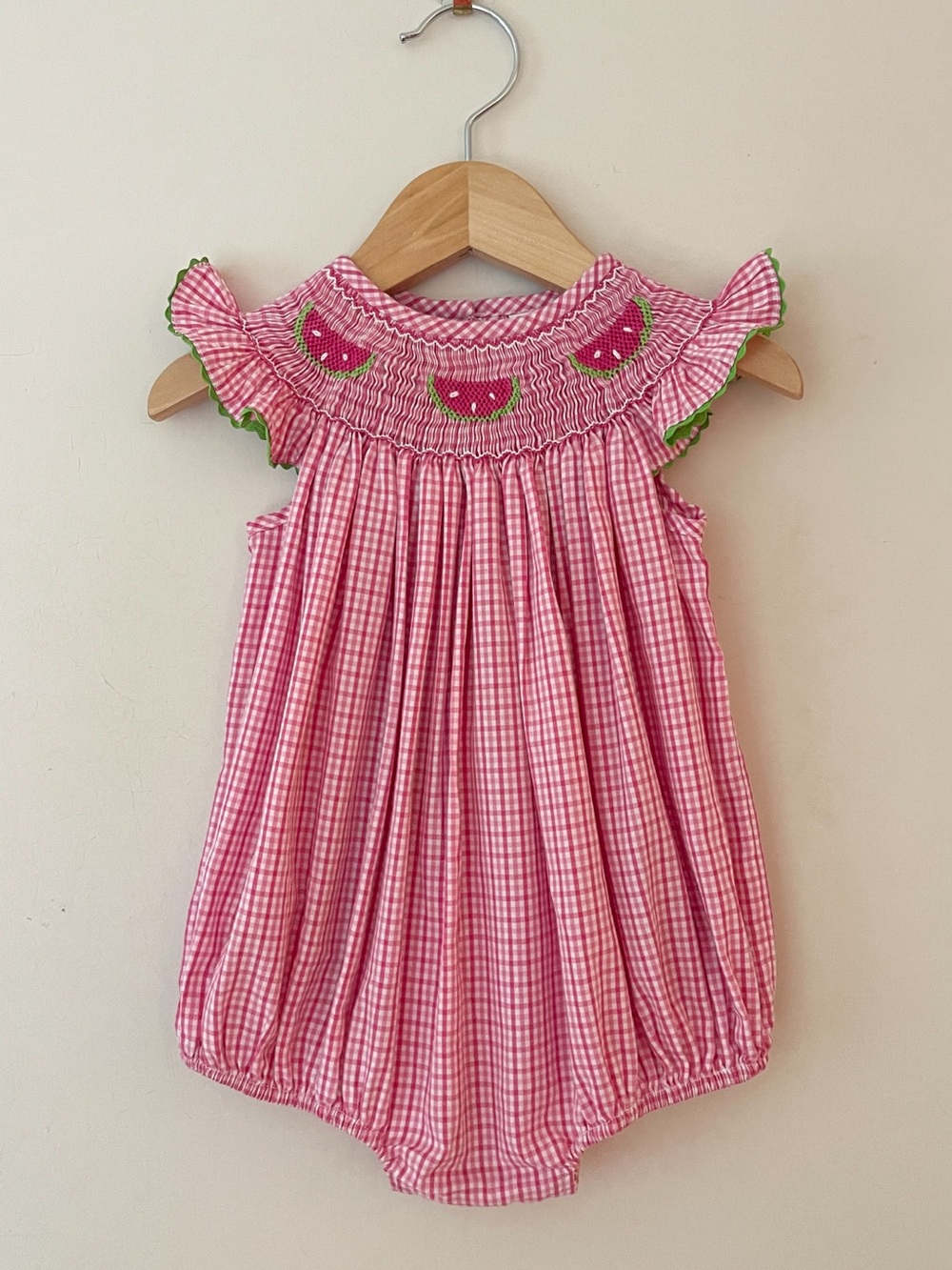 EUC Hand Smocked Vibrant Pink Gingham Watermelon Flutter Sleeve Bubble